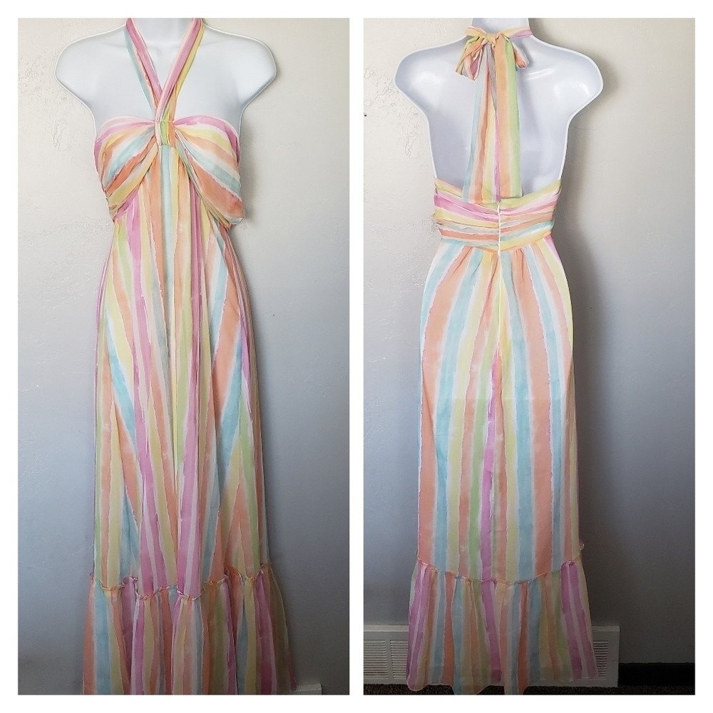 Skylar Rose Small Halter Top Maxi Dress Colorful Stripes Spring Summer Easter